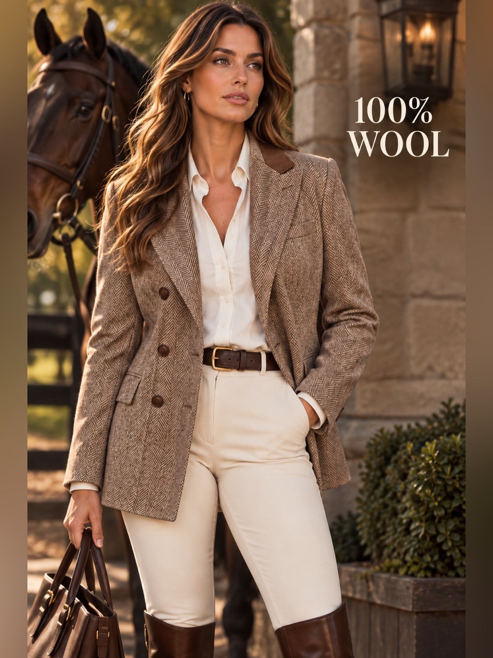 Ralph Lauren 100% Wool Herringbone Blazer Brown Equestrian Elbow Patches Size 10